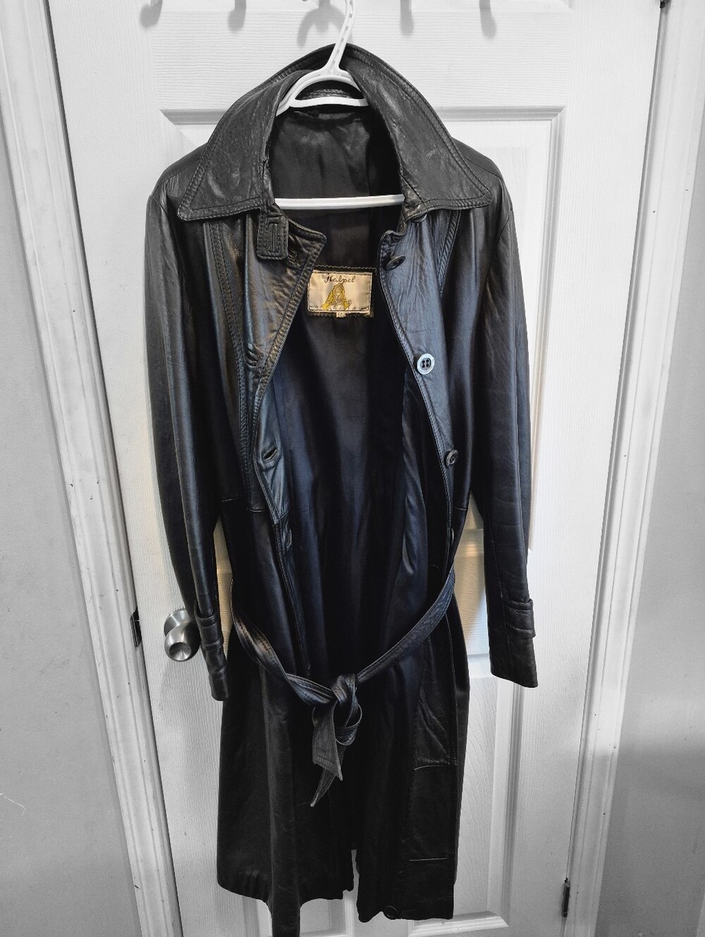 Women's Black Leather Trench Coat with Belted Waist